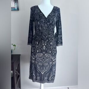 Ann Taylor Petite Bohemian Dress Size 8 P Black Paisley Jersey Wrap Long Sleeve